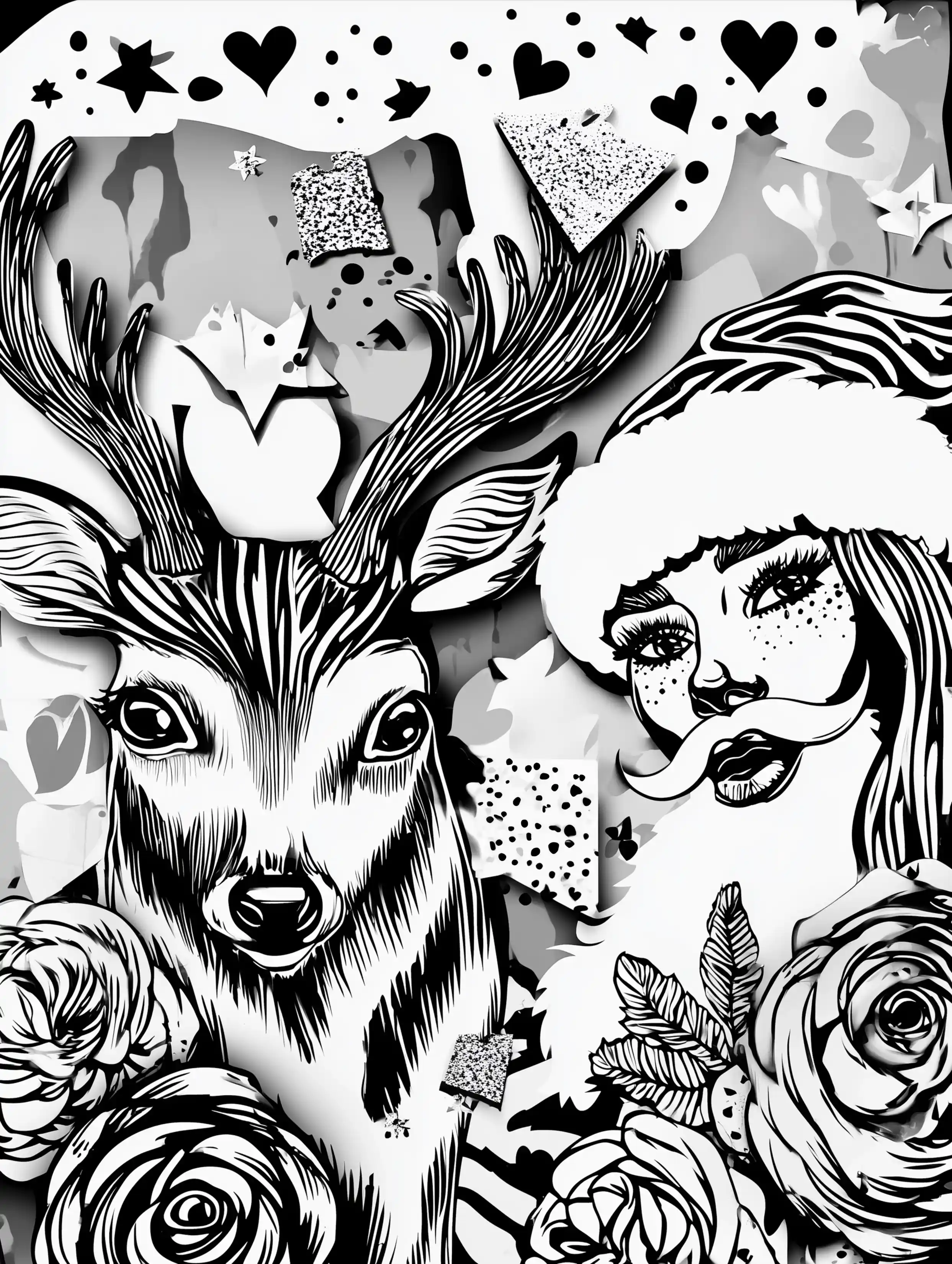 Free printable reindeer coloring page for adults featuring a reindeer with santa